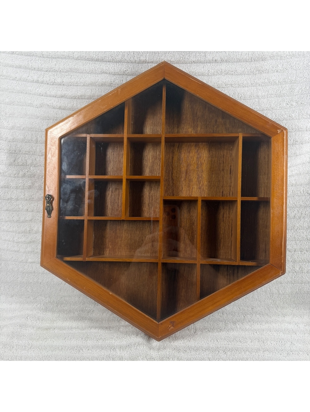 Hexagonal Wooden Display Case with Glass Lid and Multiple Compartments